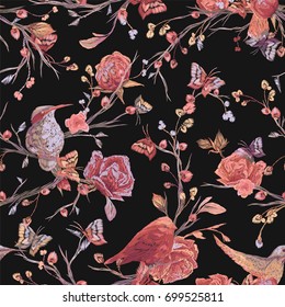 Vintage Seamless pattern: bird, butterfly and flower, leaf, branch, isolated on background. Imitation of embroidery, watercolor. Hand drawn vector illustration, separated editable elements.
