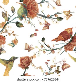 Vintage Seamless pattern: bird, butterfly and flower, leaf, branch, isolated on background. Imitation of embroidery, watercolor. Hand drawn vector illustration, separated editable elements.