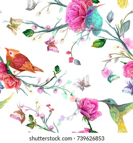 Vintage Seamless pattern: bird, butterfly and flower, leaf, branch, isolated on background. Imitation of embroidery, watercolor. Hand drawn vector illustration, separated editable elements.