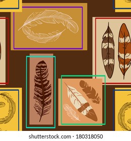 Vintage seamless pattern of bird feathers in rectangle frames