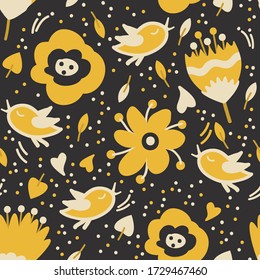 Vintage Seamless pattern: bird, flower, leaf, isolated on background. Hand drawn vector illustration, separated editable elements.