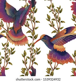 Vintage Seamless pattern: bird, leaf, branch, isolated on background. Hand drawn vector illustration. Seamless pattern can be used for wallpapers, pattern fills, web page backgrounds,surface textures.