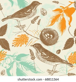 Vintage seamless pattern with birds and eggs