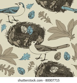 Vintage seamless pattern with birds and eggs