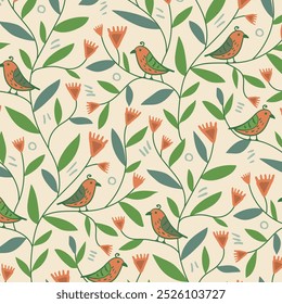 Vintage seamless pattern of birds sitting on wavy branches with leaves and flowers. Stylized vintage botanical background in orange, green and beige.