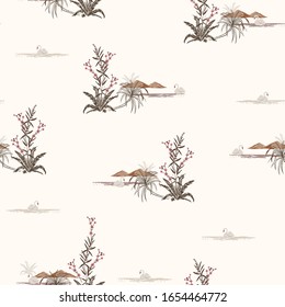 Vintage Seamless pattern with birds swans in the lake, flowers and mountain. Vector EPS10 illustration hand drawn.Design for fashion,fabric,web,wallpaper,wrapping and all prints