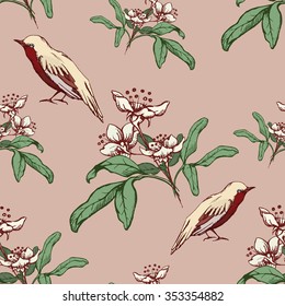 Vintage seamless pattern with birds and white flowers