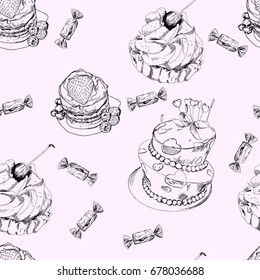 Vintage seamless pattern with birthday cake, pastry and candy.