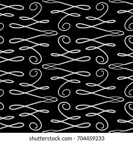 Vintage seamless pattern. Black background wallpaper illustration with calligraphic line art tracery hand drawn doodle white swirl ornaments. Vector isolated texture for fabric, textile, prints