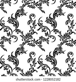 Vintage seamless pattern. Black luxurious Vegetative tracery of stems and leaves isolated on a white background. Ideal for textile print, wallpapers and packaging design