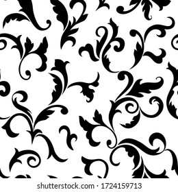 Vintage seamless pattern. Black luxurious Vegetative tracery of stems and leaves isolated on a white background. Ideal for textile print, wallpapers and packaging design