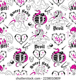 Vintage seamless pattern black and pink y2k art. Happy valentines day, weird goth love concept. Baby devil, heart, angel, fun cupid, skeleton. Vector glamour line art, tattoo background.