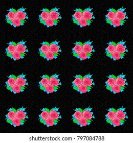 Vintage seamless pattern in black, pink and gray colors. Hand written vector rose flowers and green leaves, stamps, keys.