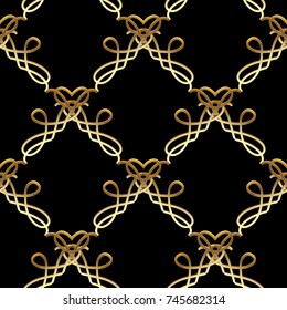 Vintage seamless pattern. Black vector background with gold 3d swirl calligraphic line art tracery ornaments, frames, love hearts. Abstract surface texture. Ornate design for wallpapers, fabric, print