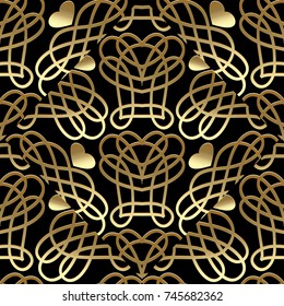 Vintage seamless pattern. Black vector background with gold 3d swirl calligraphic line art tracery ornaments, frames, love hearts. Abstract surface texture. Ornate design for wallpapers, fabric, print