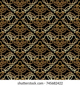 Vintage seamless pattern. Black vector background with gold 3d swirl calligraphic line art tracery ornaments, rhombus, love hearts. Abstract surface texture. Ornate design for wallpaper, fabric, print