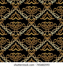 Vintage seamless pattern. Black vector background with gold 3d calligraphic line art tracery ornaments, frames, love hearts. Abstract surface texture. Ornate design for wallpapers, fabric, prints