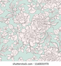 Vintage seamless pattern with blossoming peony flowers on white with cherry. Vector illustration. Pastel colours.