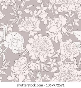 Vintage seamless pattern and blossoming peony flowers  rose flowers beige and wildflowers  Vector illustration  Pastel colours 