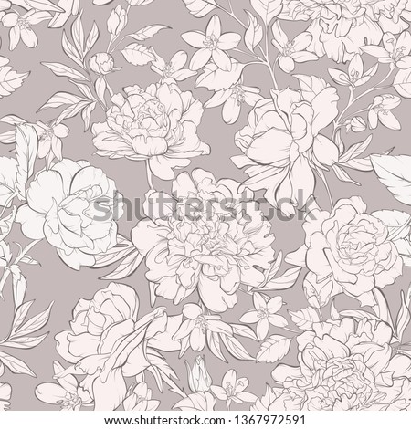 Vintage seamless pattern with blossoming peony flowers, rose flowers on beige with wildflowers. Vector illustration. Pastel colours.