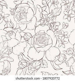 Patrón inmaculado con flores de rosa y peonía florecientes, flores de rosa en beige con flores silvestres. Ilustración vectorial. Colores pasteles.