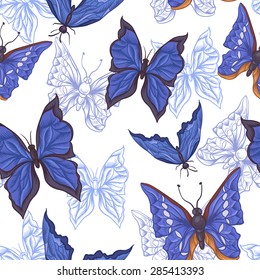 Vintage Seamless Pattern with Blue Butterflies. Vector Illustration on White  Background