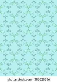 Vintage seamless pattern with blue florets and swirls on a aquamarine background. Vector Eps10.