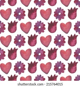 Vintage seamless pattern with blue flowers and hearts. Watercolor paint. Romantic theme.
