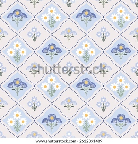 Vintage seamless pattern with blue flowers, Victorian floral wallpaper, charming spring and summer background 