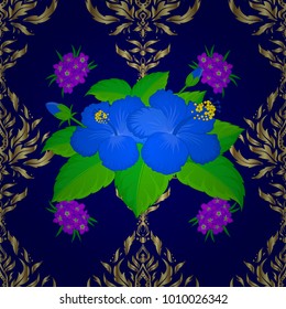 Vintage seamless pattern in blue, green and neutral colors. Hand written vector hibiscus flowers, stamps, keys.