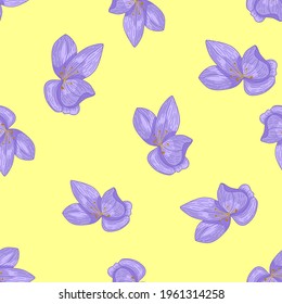 Vintage seamless pattern with blue outline orchid flowers shapes. Yellow light background. Flat style. Graphic design for wrapping paper and fabric textures. Vector Illustration.