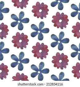 Vintage seamless pattern with blue and red flowers. Watercolor paint. Nature theme.