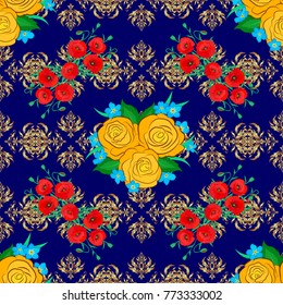 Vintage seamless pattern in blue, yellow and red colors. Hand written vector rose flowers and green leaves, stamps, keys.