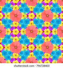 Vintage seamless pattern in blue, yellow and pink colors. Hand written vector cosmos flowers, stamps, keys.