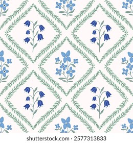 Vintage seamless pattern with bluebells and forget-me-not and green branches, elegant wallpaper, trendy romantic background