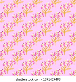 Vintage seamless pattern with botanic pink and yellow yarrow shapes on lilac background. Stock illustration. Vector design for textile, fabric, giftwrap, wallpapers.