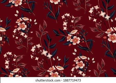 Vintage seamless pattern, botanical illustration, vector. Composition of various plants: light flowers on twigs, surrounded by dark leaves.