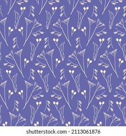 Vintage seamless pattern with botanical line drawings. Earthy neutral colors. On blue background.