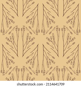 Vintage seamless pattern with botanical line drawings. Earthy neutral colors. On beige background.
