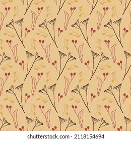 Vintage seamless pattern with botanical line drawings. Earthy neutral colors. On beige background.
