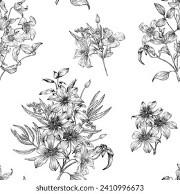 Vintage seamless pattern with bouquet flowers of Clematis black and white. Hand drawn elements. Vector floral background for design