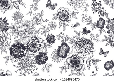 Vintage seamless pattern. Bouquets of garden flowers, beetles and butterflies. Beautiful garden peonies, branches and leaves. Black and white. Floral vector illustration. Wallpaper, paper, textile 