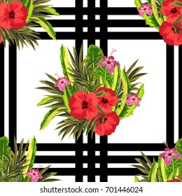 Vintage seamless pattern with bouquets of hibiscus and decorative leaves on striped background. Floral background for textile, wallpaper, gift packaging, printing.Romantic design for calico, silk.