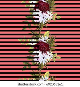 Vintage seamless pattern with  bouquets of roses and chamomile on  striped background . Floral background for textile,  wallpaper, gift packaging, printing.Romantic design for calico, silk.