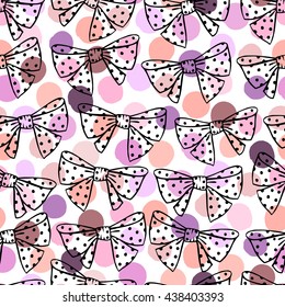 Vintage seamless pattern with bows on a polka dot background.