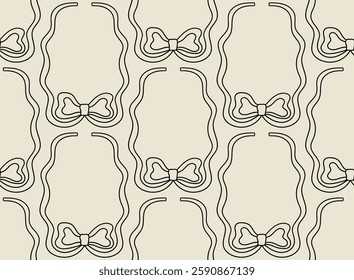 Vintage seamless pattern with bows. Vector background in vintage coquette aesthetic. Elegant hand drawn outline ribbon frames