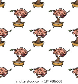 vintage Seamless pattern brain tree in a pot.eps