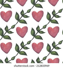Vintage seamless pattern with branches and hearts. Watercolor paint. Romantic theme.