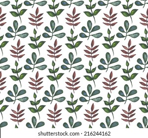 Vintage seamless pattern with branches and leaves. Watercolor paint. Botanical theme.