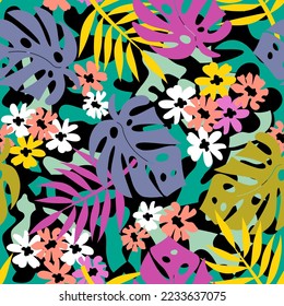 Vintage seamless pattern with bright tropical leaves and flowers on textured background. African palette. For fabric, cover, gift paper. Vector.